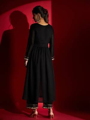 Women's Black Vichitra Silk Embroidered A-Line Kurta with Pant Set 2