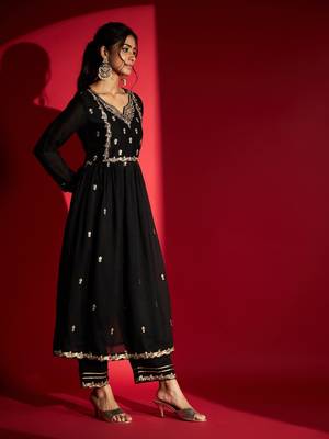 Women's Black Vichitra Silk Embroidered A-Line Kurta with Pant Set 3