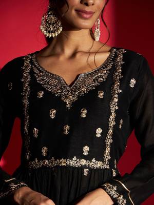 Women's Black Vichitra Silk Embroidered A-Line Kurta with Pant Set 4