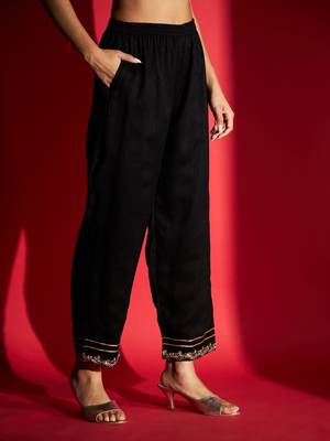 Women's Black Vichitra Silk Embroidered A-Line Kurta with Pant Set 5