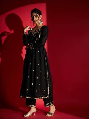 Women's Black Vichitra Silk Embroidered A-Line Kurta with Pant Set 6