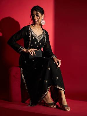 Women's Black Vichitra Silk Embroidered A-Line Kurta with Pant Set 7