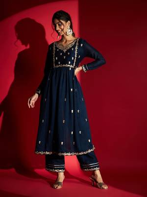 Women's Navy Vichitra Silk Embroidered A-Line Kurta with Pant Set 1