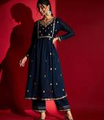 Women's Navy Vichitra Silk Embroidered A-Line Kurta with Pant Set