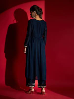 Women's Navy Vichitra Silk Embroidered A-Line Kurta with Pant Set 2