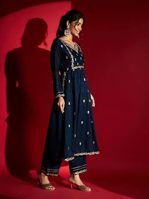 Women's Navy Vichitra Silk Embroidered A-Line Kurta with Pant Set 3