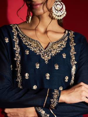 Women's Navy Vichitra Silk Embroidered A-Line Kurta with Pant Set 4