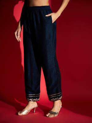 Women's Navy Vichitra Silk Embroidered A-Line Kurta with Pant Set 5