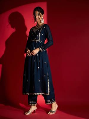 Women's Navy Vichitra Silk Embroidered A-Line Kurta with Pant Set 6