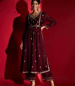 Women's Wine Vichitra Silk Embroidered A-Line Kurta with Pant Set