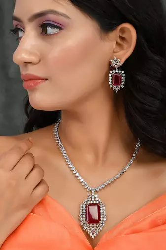 Long faux ruby diamond bridal jewellery set