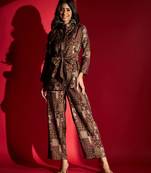 Women's Wine Chanderi Silk Foil Printed Relaxed Fit and Flared Two Piece Co-Ord Set