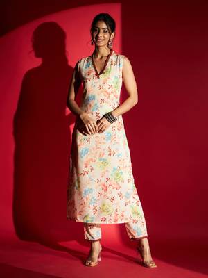 Women's Peach Pure Cotton Printed Straight Kurta with Pant Set 1