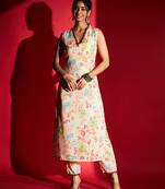 Women's Peach Pure Cotton Printed Straight Kurta with Pant Set