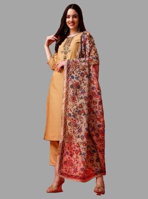 Floral Yoke Design Straight Kurta with Trousers & With Dupatta Set 1