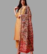 Floral Yoke Design Straight Kurta with Trousers & With Dupatta Set
