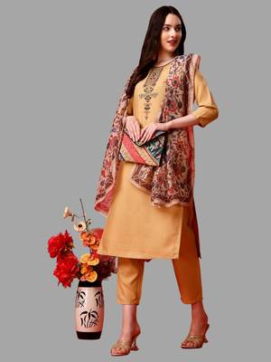 Floral Yoke Design Straight Kurta with Trousers & With Dupatta Set 3