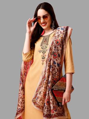 Floral Yoke Design Straight Kurta with Trousers & With Dupatta Set 4