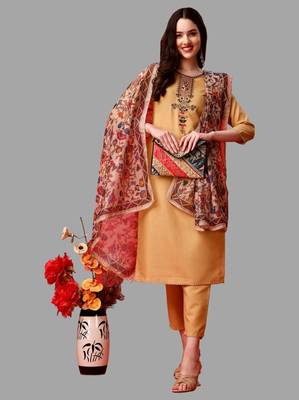 Floral Yoke Design Straight Kurta with Trousers & With Dupatta Set 5