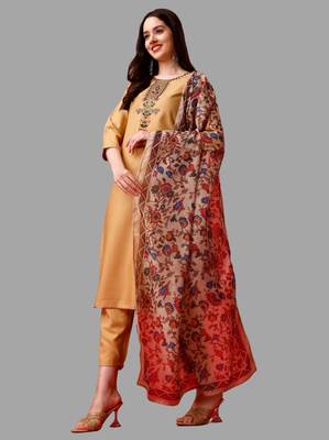 Floral Yoke Design Straight Kurta with Trousers & With Dupatta Set 8