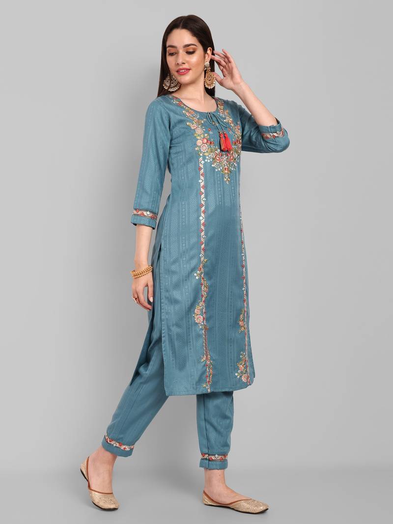 Women Party Wear Embroidery Worked Kurta With Pant And Duppata Set