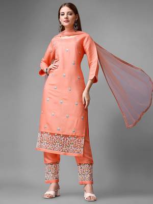 Women's Peach Cotton Embroidered Straight Kurta with Pant and Dupatta Set 1