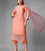Women's Peach Cotton Embroidered Straight Kurta with Pant and Dupatta Set