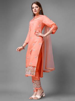 Women's Peach Cotton Embroidered Straight Kurta with Pant and Dupatta Set 2