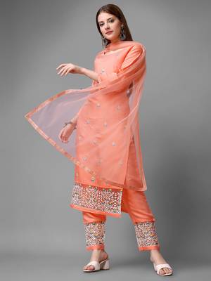 Women's Peach Cotton Embroidered Straight Kurta with Pant and Dupatta Set 3