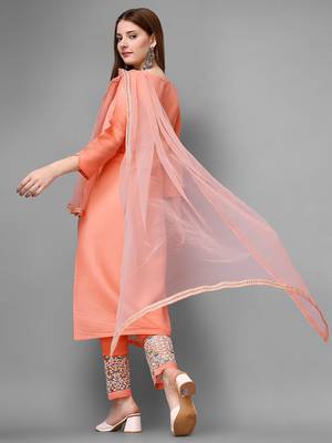 Women's Peach Cotton Embroidered Straight Kurta with Pant and Dupatta Set 4