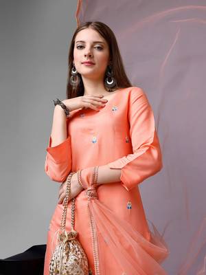Women's Peach Cotton Embroidered Straight Kurta with Pant and Dupatta Set 5