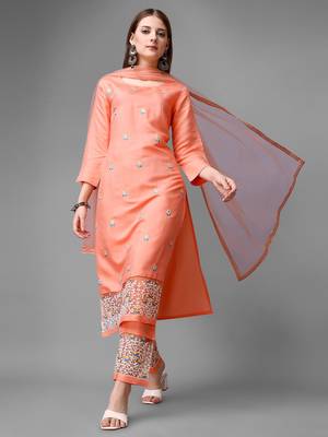 Women's Peach Cotton Embroidered Straight Kurta with Pant and Dupatta Set 7