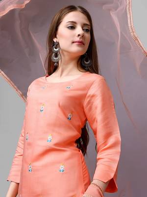 Women's Peach Cotton Embroidered Straight Kurta with Pant and Dupatta Set 8