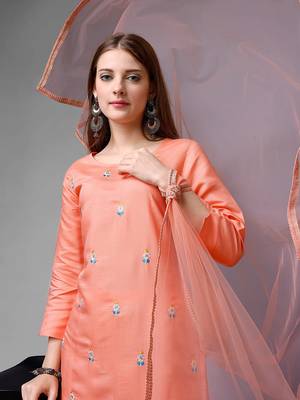 Women's Peach Cotton Embroidered Straight Kurta with Pant and Dupatta Set 9