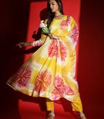 Women's Yellow Pure Organza Printed Flared Kurta with Pant and Dupatta Set