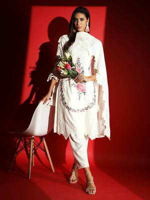 Women's White Viscose Rayon Heavy Embroidered Straight Kurta with Pant and Dupatta Set 1