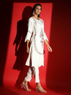 Women's White Viscose Rayon Heavy Embroidered Straight Kurta with Pant and Dupatta Set 3