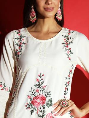 Women's White Viscose Rayon Heavy Embroidered Straight Kurta with Pant and Dupatta Set 4