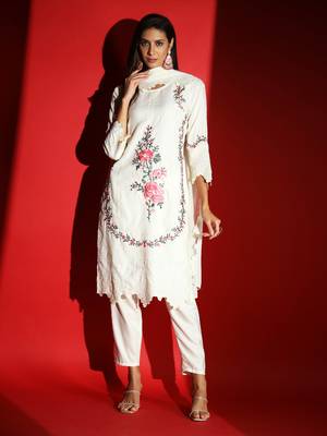 Women's White Viscose Rayon Heavy Embroidered Straight Kurta with Pant and Dupatta Set 7
