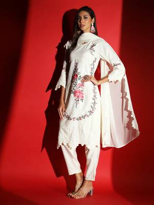 Women's White Viscose Rayon Heavy Embroidered Straight Kurta with Pant and Dupatta Set 8