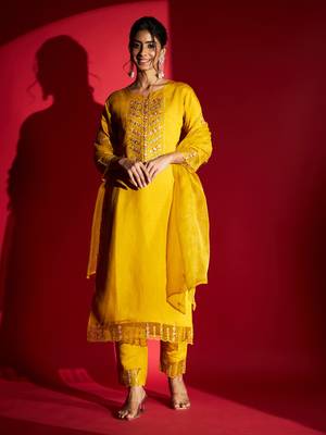 Women's Mustard Chanderi Silk Embroidered Straight Kurta with Pant and Dupatta Set 1