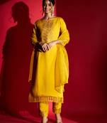 Women's Mustard Chanderi Silk Embroidered Straight Kurta with Pant and Dupatta Set