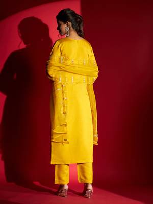 Women's Mustard Chanderi Silk Embroidered Straight Kurta with Pant and Dupatta Set 2
