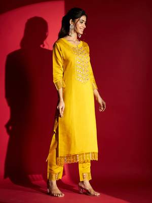 Women's Mustard Chanderi Silk Embroidered Straight Kurta with Pant and Dupatta Set 3