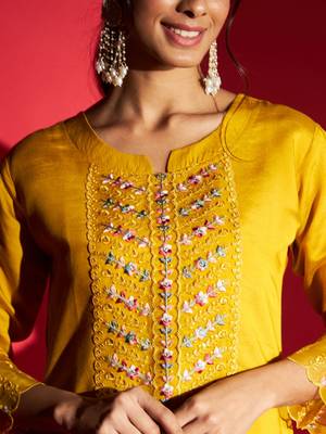 Women's Mustard Chanderi Silk Embroidered Straight Kurta with Pant and Dupatta Set 4