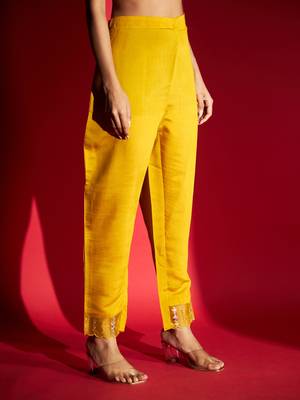 Women's Mustard Chanderi Silk Embroidered Straight Kurta with Pant and Dupatta Set 5