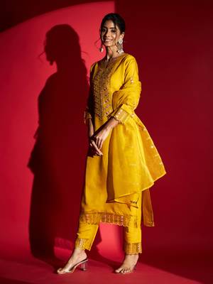 Women's Mustard Chanderi Silk Embroidered Straight Kurta with Pant and Dupatta Set 7