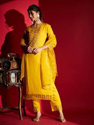 Women's Mustard Chanderi Silk Embroidered Straight Kurta with Pant and Dupatta Set 8