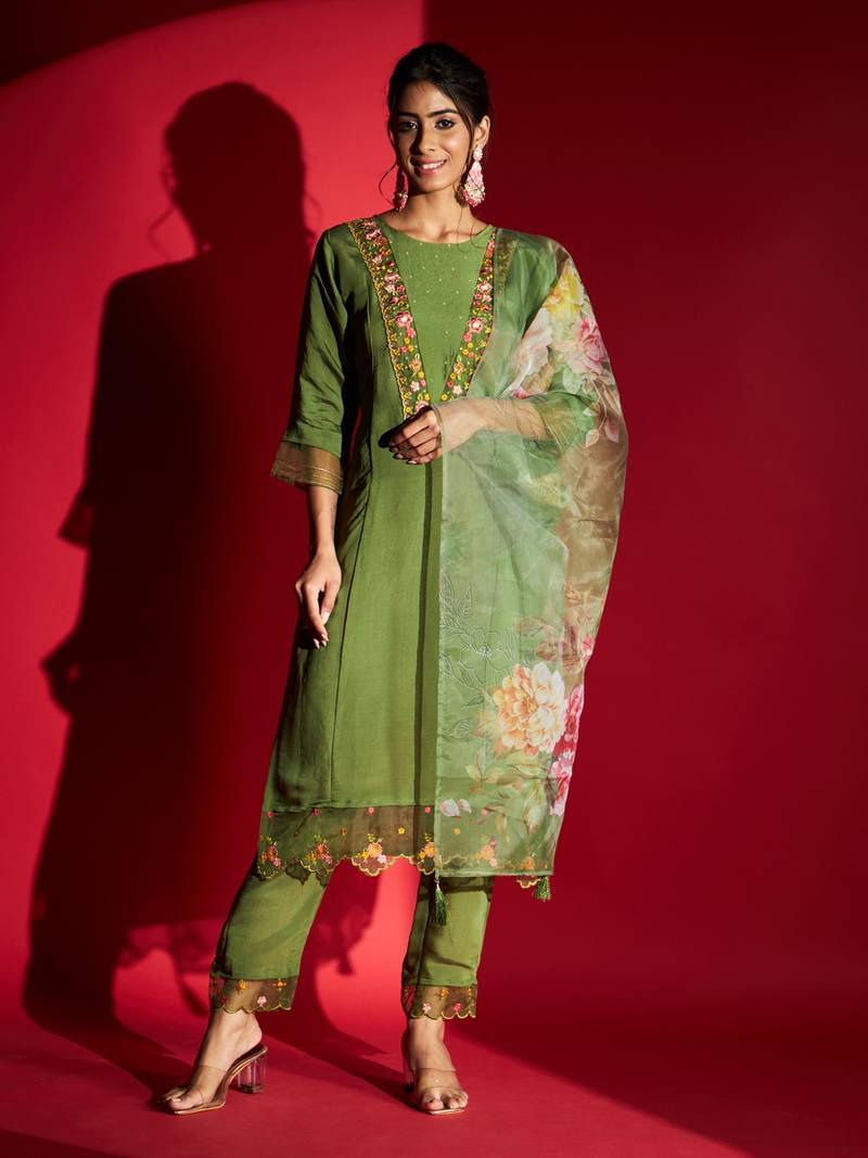 Green Floral Print Chanderi Kurta, Trouser With Dupatta