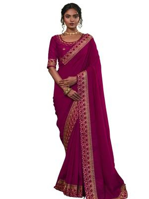 Wine Zari Embroidered Lace Vichitra Silk Saree With Blouse Piece 2